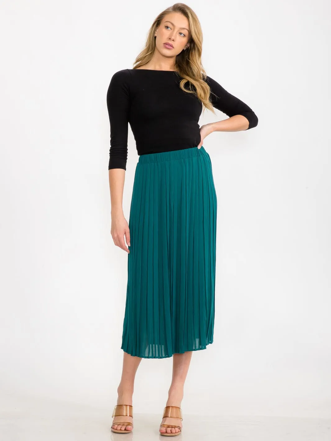 WOMEN'S ELASTIC WAIST PLEATED MIDI SKIRT