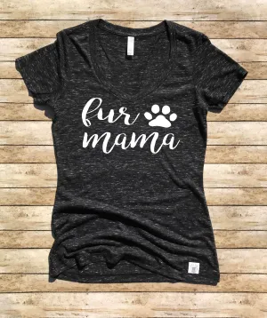 Women's Form Fitting V-Neck Fur Mama Cursive - Dog Mom Shirt