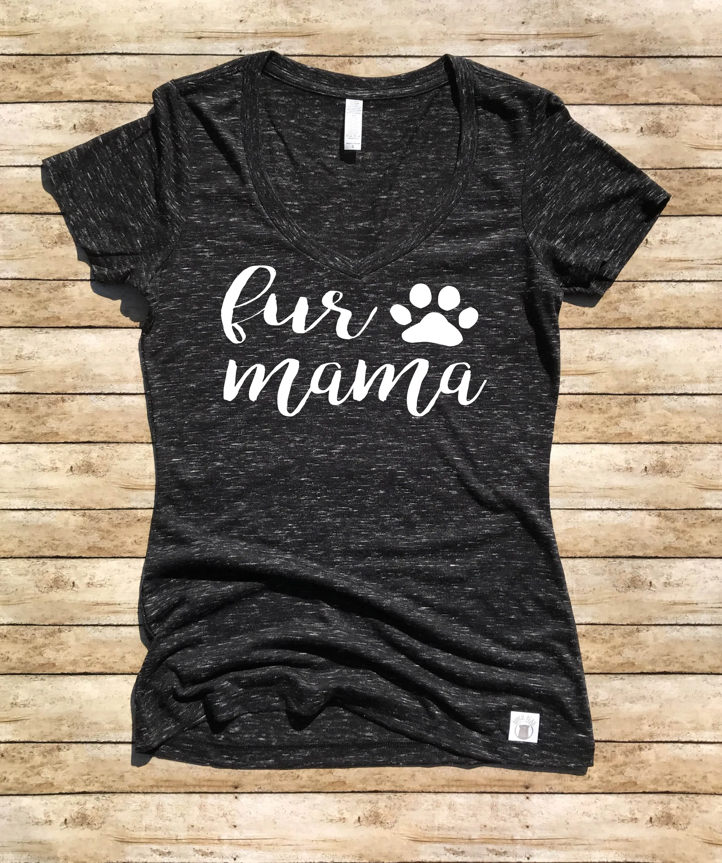 Women's Form Fitting V-Neck Fur Mama Cursive - Dog Mom Shirt