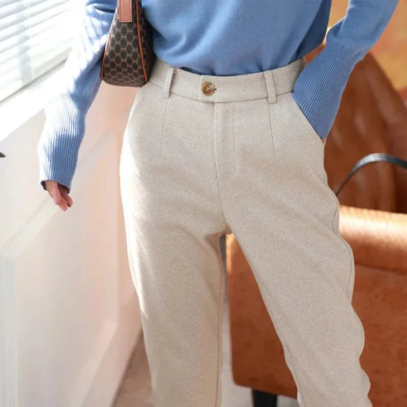 Women's High-Waisted Woolen Harem Pants - Casual Autumn/Winter Office Trousers