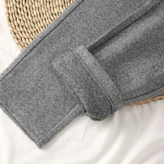 Women's High-Waisted Woolen Harem Pants - Casual Autumn/Winter Office Trousers