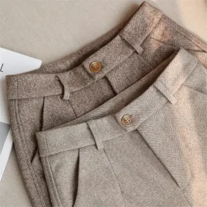 Women's High-Waisted Woolen Harem Pants - Casual Autumn/Winter Office Trousers