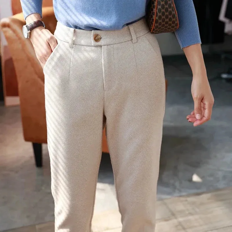 Women's High-Waisted Woolen Harem Pants - Casual Autumn/Winter Office Trousers