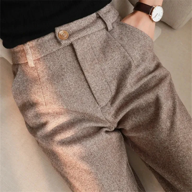 Women's High-Waisted Woolen Harem Pants - Casual Autumn/Winter Office Trousers