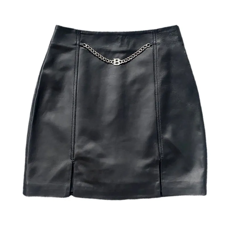 Women's Leather Skirt Real Sheepskin Simple Chain Split Hip Wrap Slim 2022 Autumn Winter New TF4780