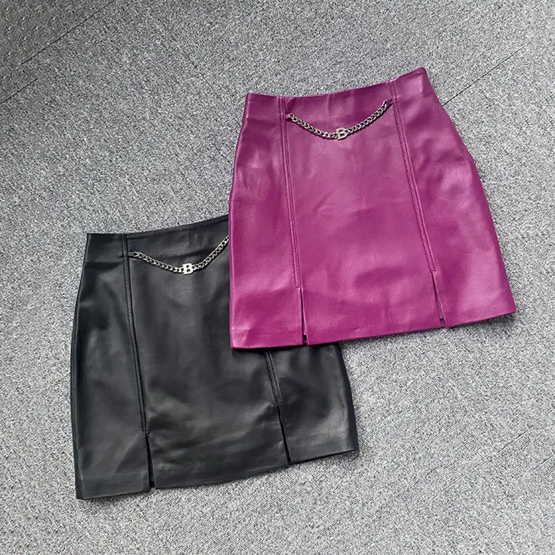 Women's Leather Skirt Real Sheepskin Simple Chain Split Hip Wrap Slim 2022 Autumn Winter New TF4780