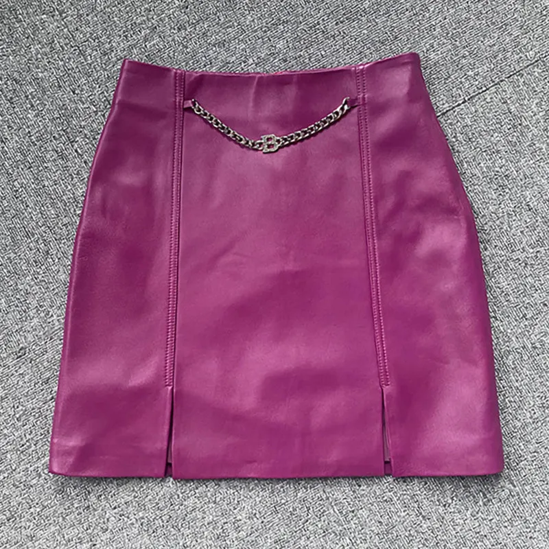 Women's Leather Skirt Real Sheepskin Simple Chain Split Hip Wrap Slim 2022 Autumn Winter New TF4780