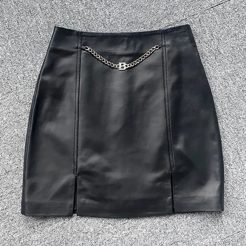 Women's Leather Skirt Real Sheepskin Simple Chain Split Hip Wrap Slim 2022 Autumn Winter New TF4780