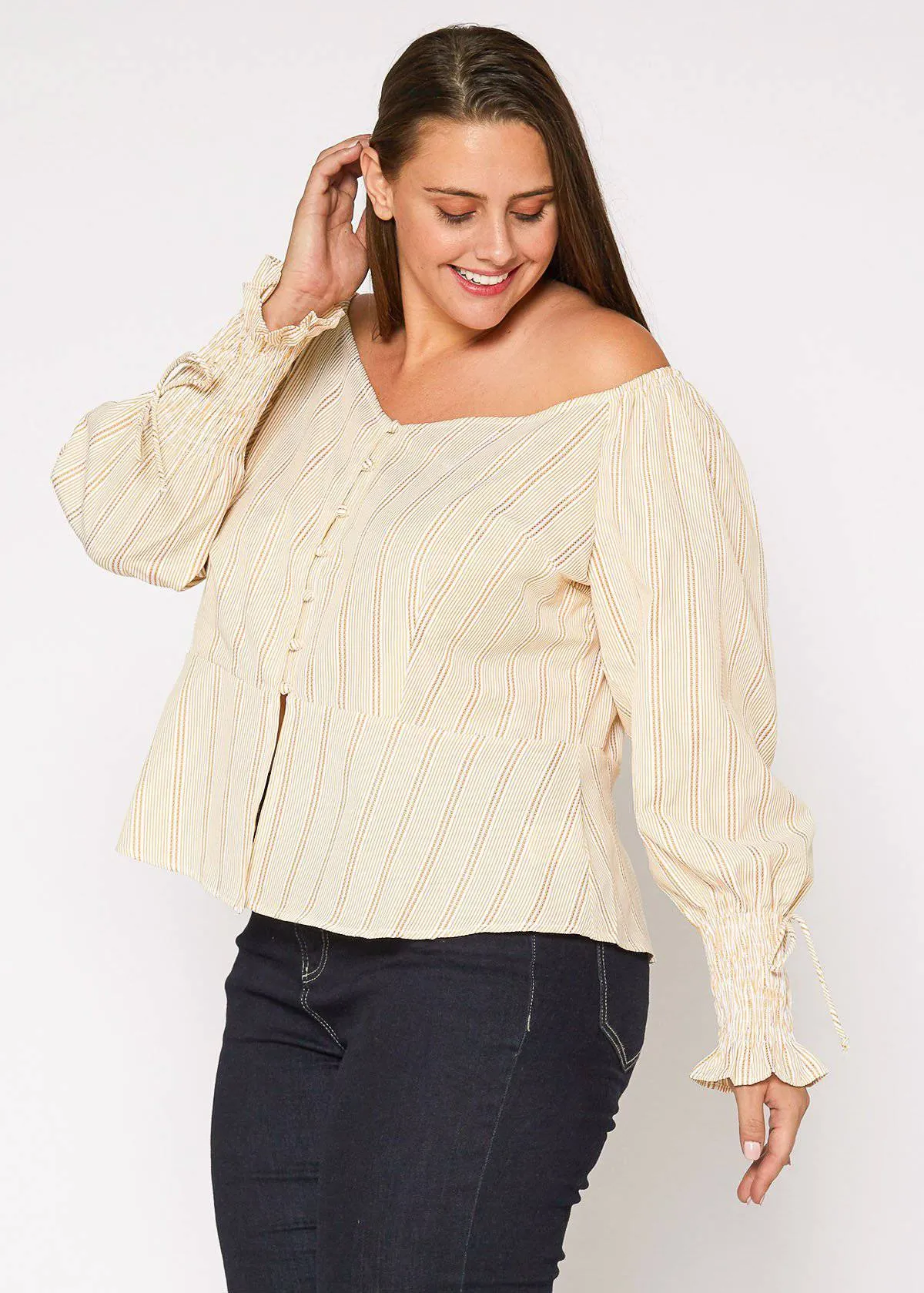 Women's Plus Size Smocked Sleeve Wrap Blouse in Yellow