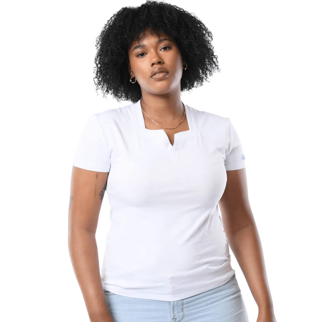 Women's White Blue Cavalz Square V-Neck T Shirt