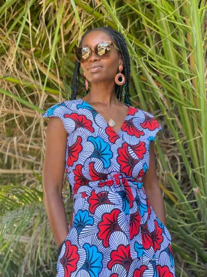 Wrap Dress "Salad Leaves Blue Red"