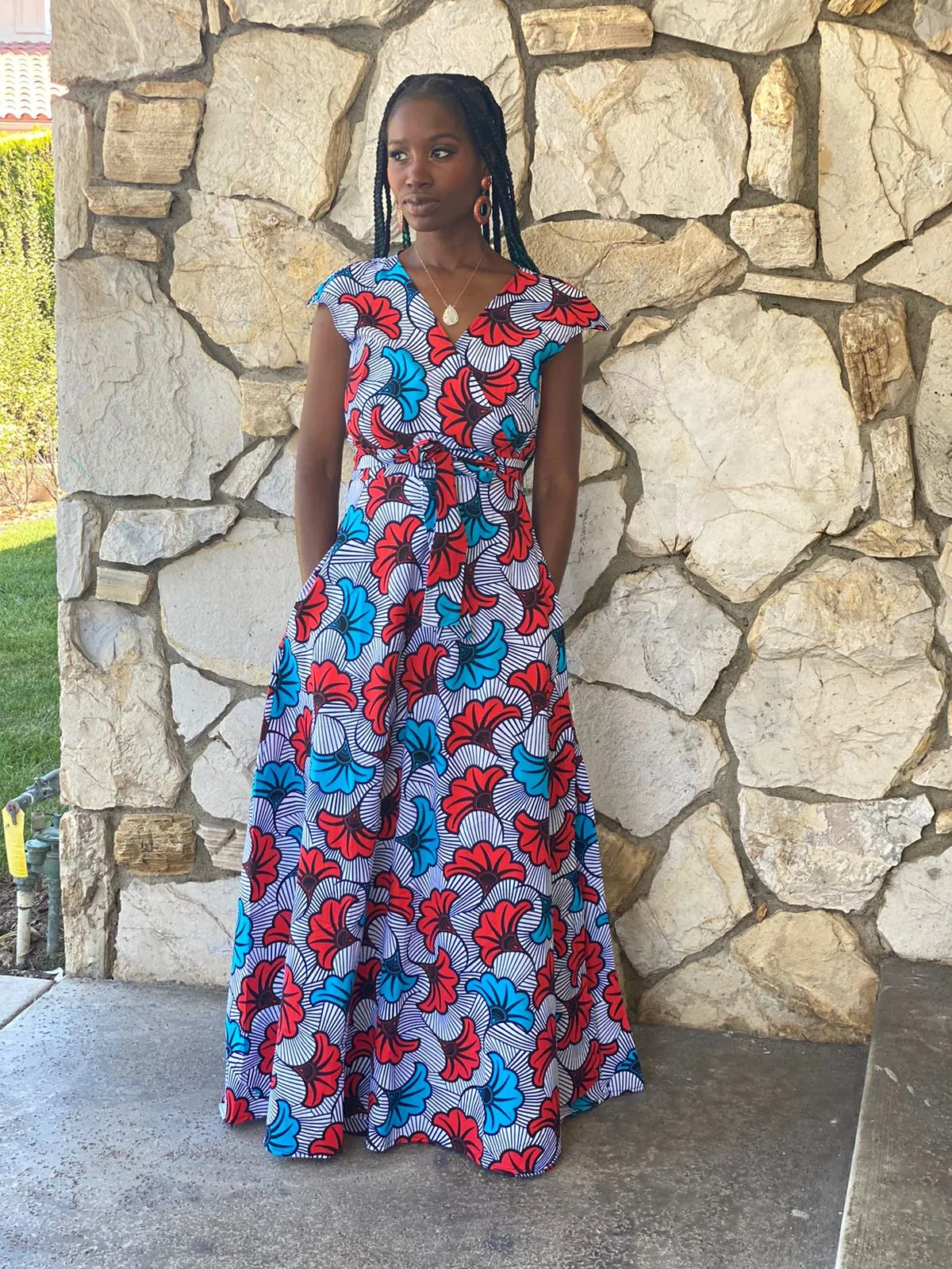 Wrap Dress "Salad Leaves Blue Red"