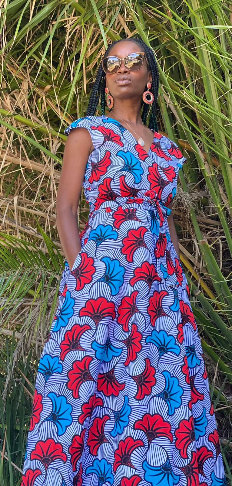 Wrap Dress "Salad Leaves Blue Red"