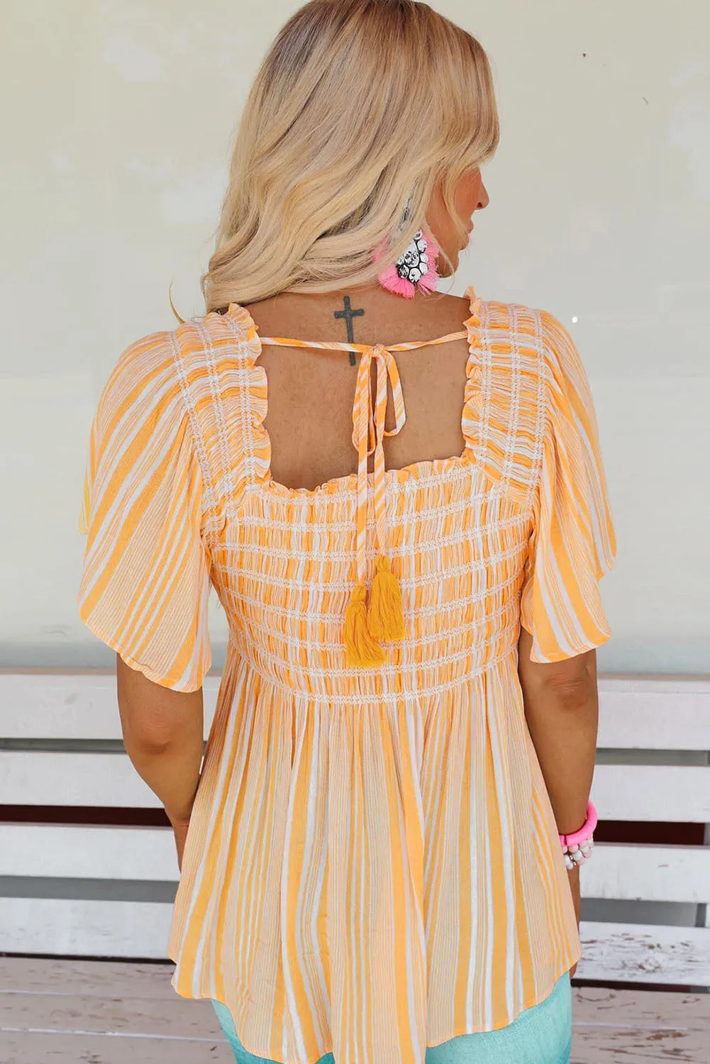 Yellow Striped Print Smocked Flowy Blouse