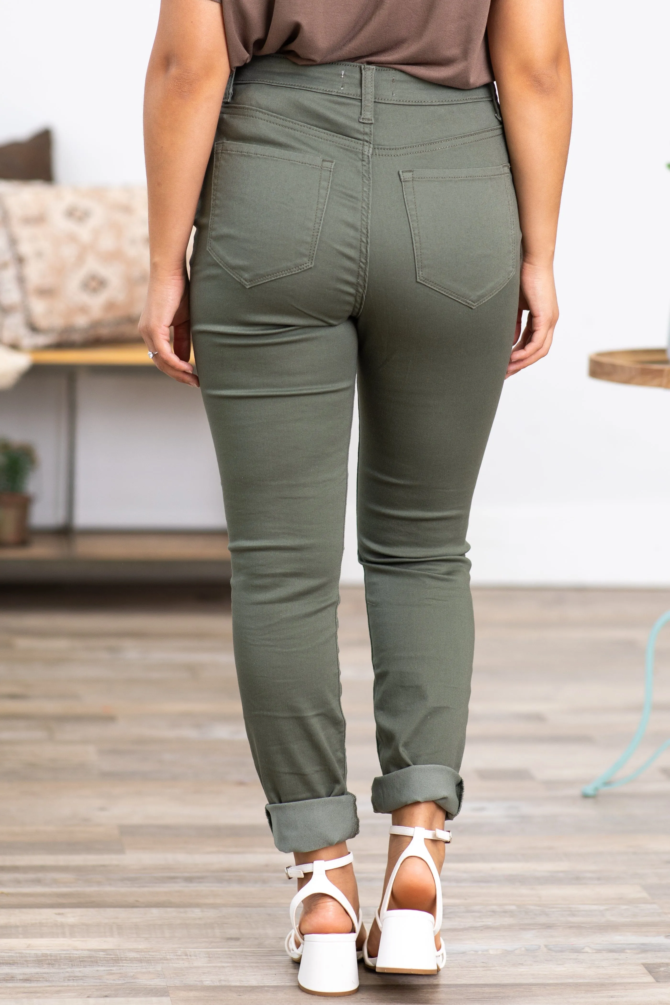 Zenana Dark Sage Skinny Pants With Stretch