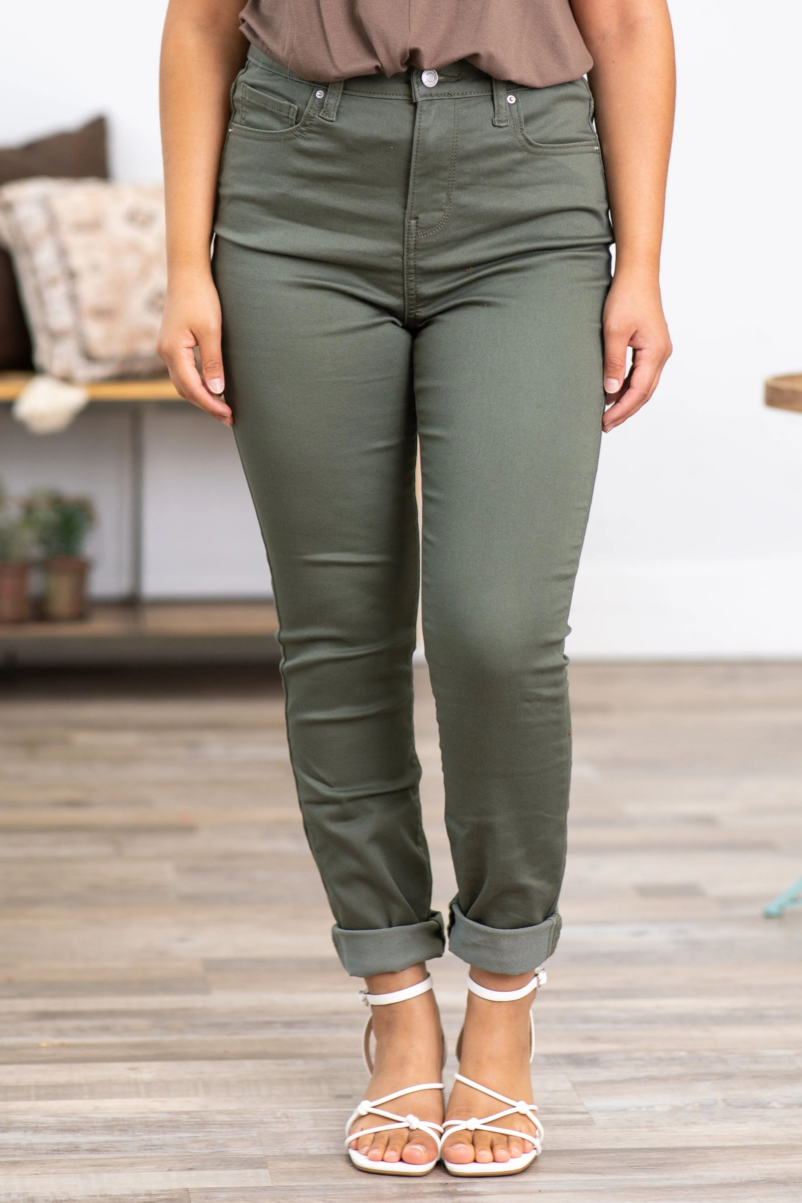 Zenana Dark Sage Skinny Pants With Stretch