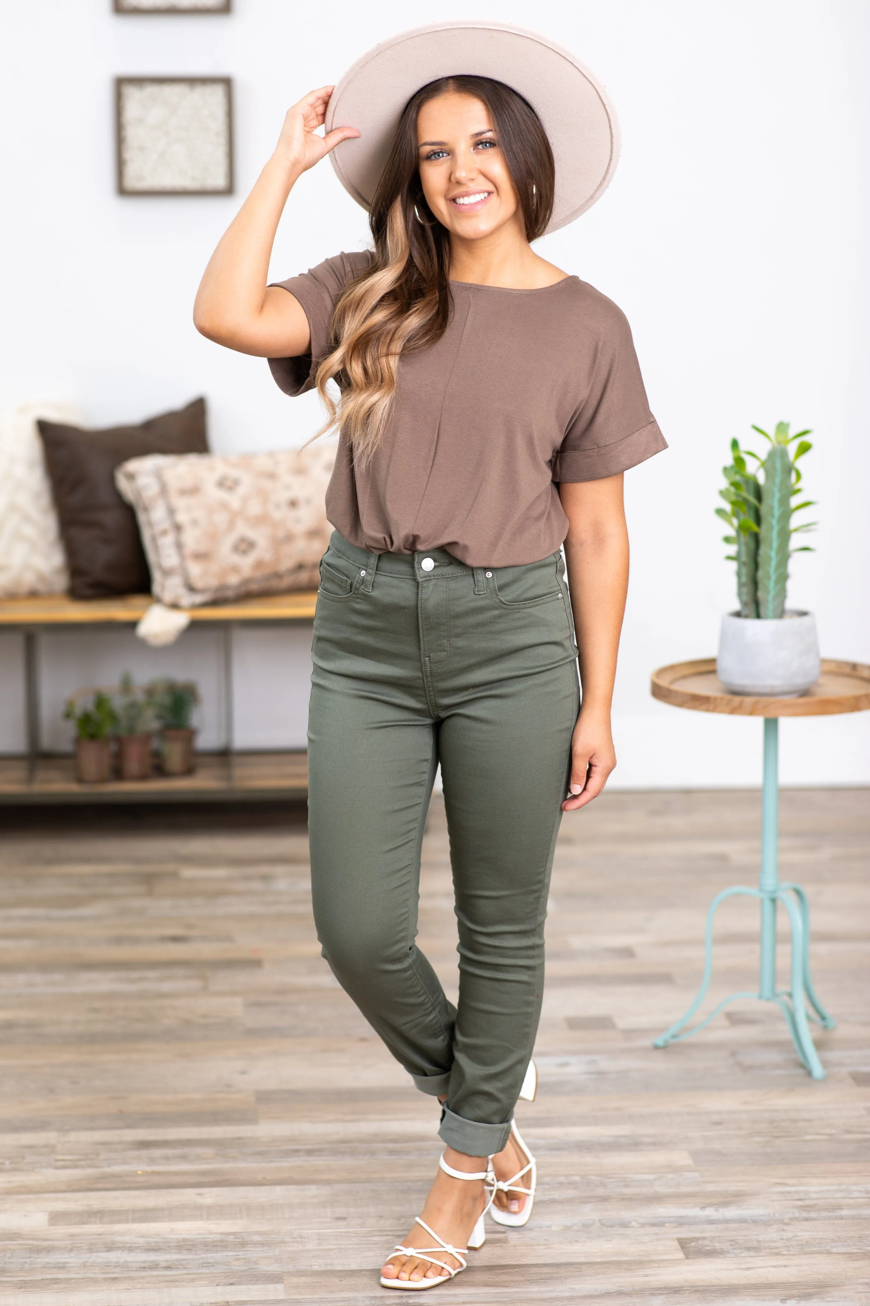 Zenana Dark Sage Skinny Pants With Stretch