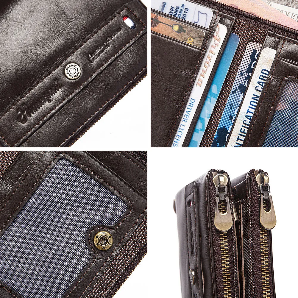 Zipper Male Small Clutch Leather Holder RFID Wallets